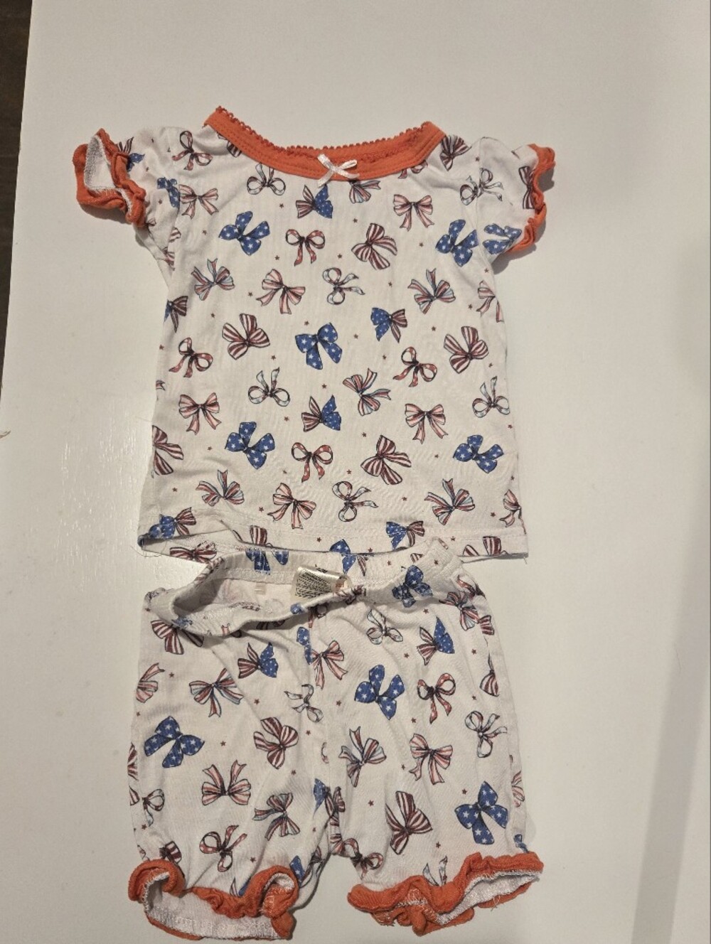 Milkberry Pajamas 12M Infant Tee & Short Patriotic Bow Set with Coral Trim